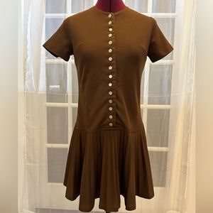 Handmade Brown Knit Dress Pearl Button Front Drop Waist Pleated Skirt Small